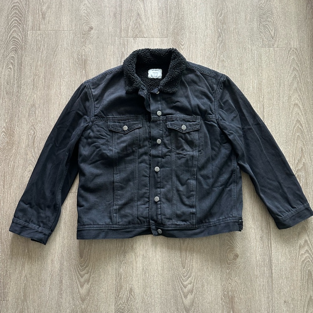 Old Navy Sherpa-Lined Boyfriend Black Jean Jacket Size L